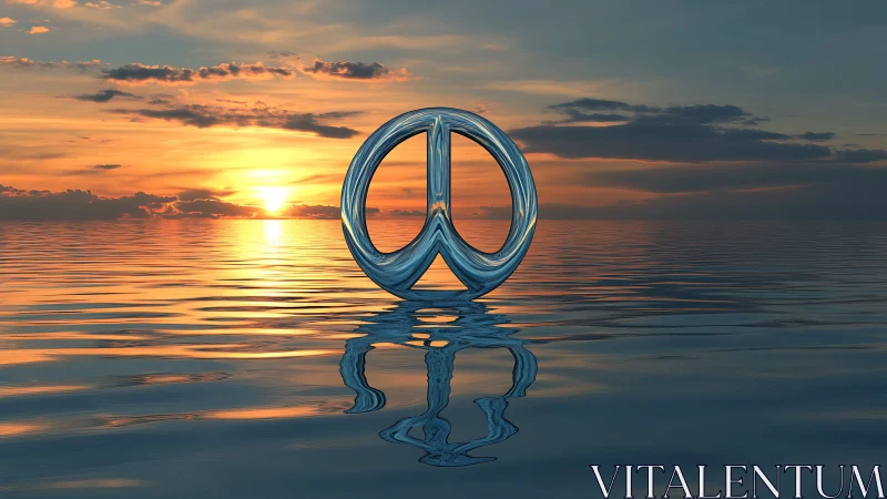 Liquid peace symbol rises over calm ocean sunset horizon.