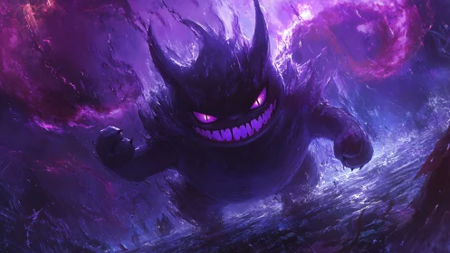 Dynamic spectral creature in stormlit purple digital painting.