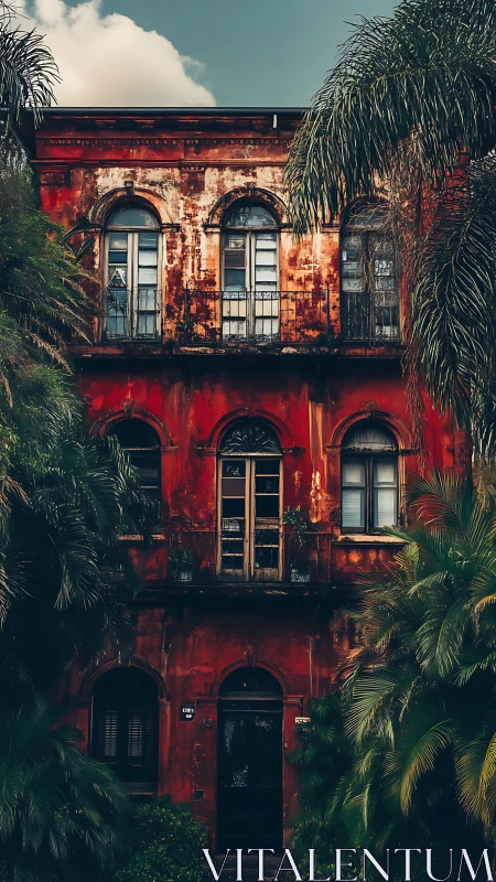 Weathered red apartment facade framed by dense palm trees.