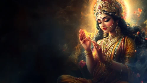 Radiant goddess in golden aura offers serene blessing gesture.
