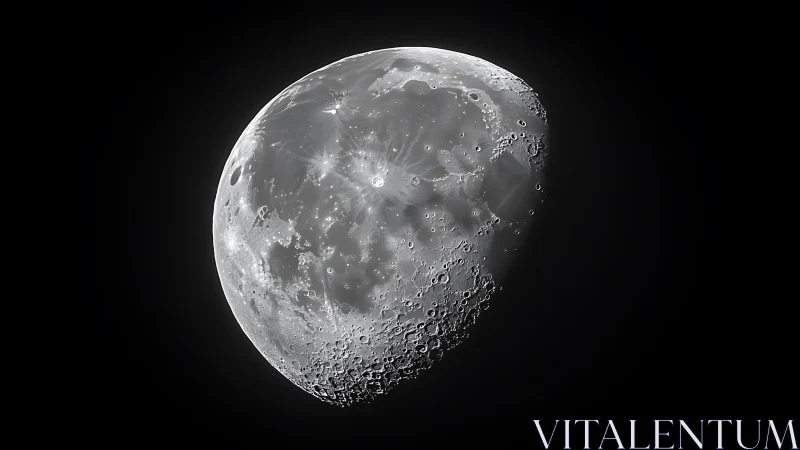 Lunar surface close-up reveals craters and ray patterns.