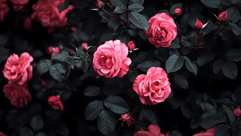 Pink Garden Roses Against Dark Foliage: Layered Depth Study