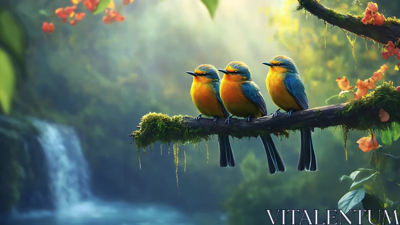 Three Colorful Birds Perched on Mossy Branch in Lush Forest Scene.