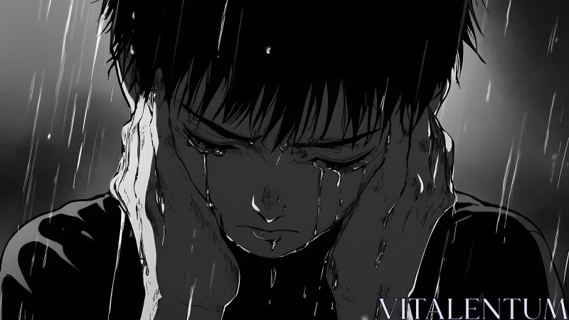 Crying anime boy holds his face in heavy monochrome rain