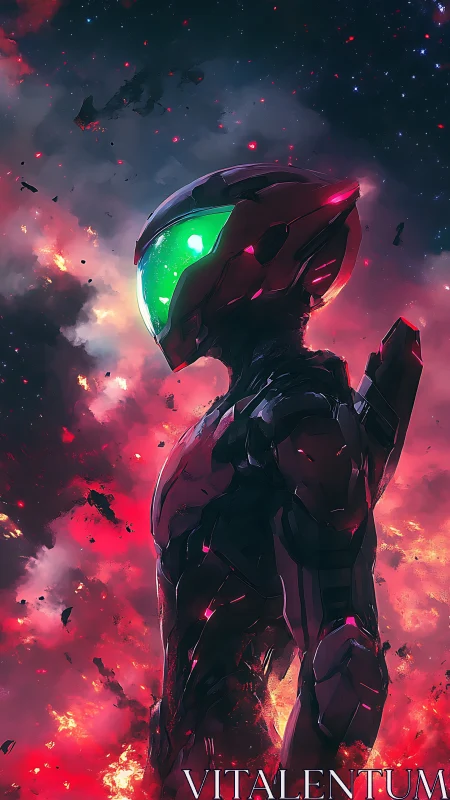 Armored space warrior in red nebula with green visor.