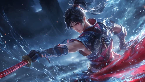 Warrior in dynamic sword stance amid stylized water motion