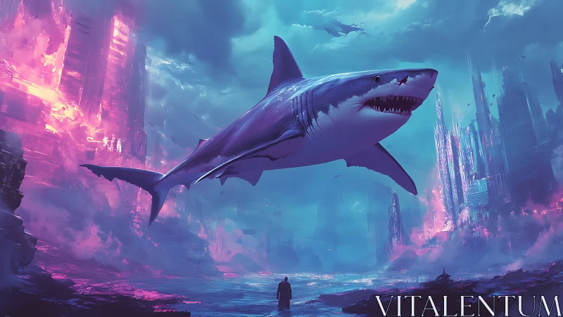 Skyborne neon shark patrols a drowned cyberpunk megacity.