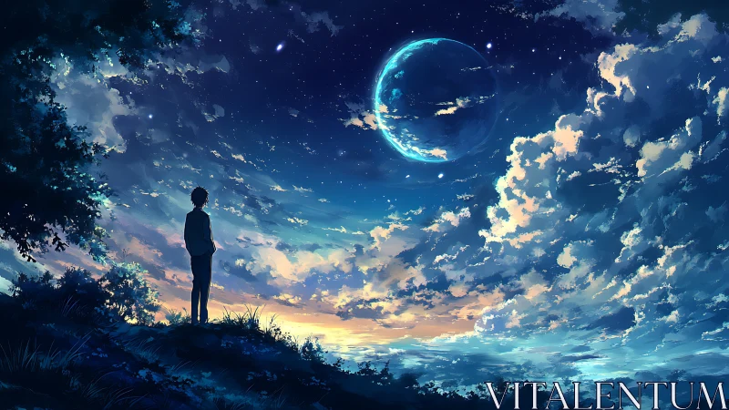 Silhouetted figure observes luminous exoplanet in high-contrast sky