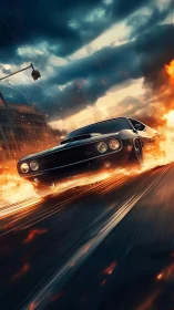 Midnight muscle car carves molten firetracks through storm