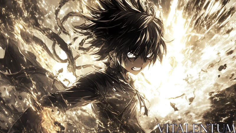 Stormlit fury around a determined anime hero’s awakening.