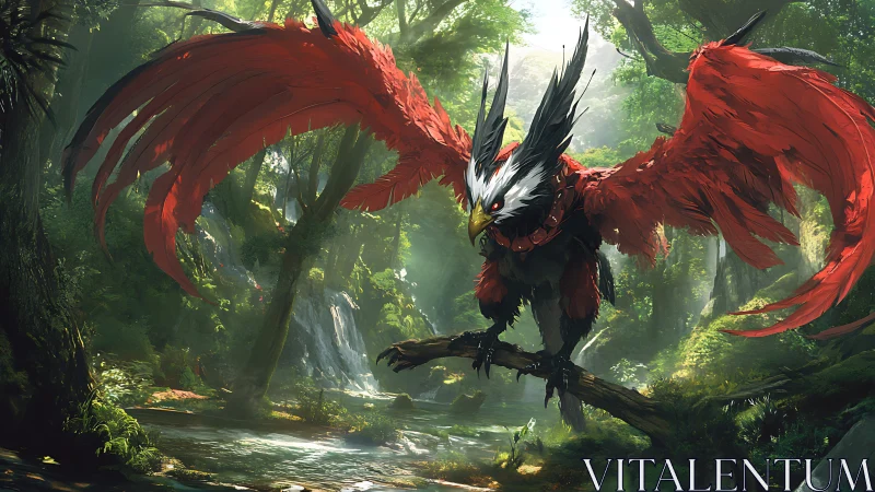 Majestic Red Griffin Perched in Lush Fantasy Forest, Digital Art.