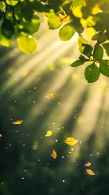 Backlit foliage with drifting leaves in golden volumetric light.