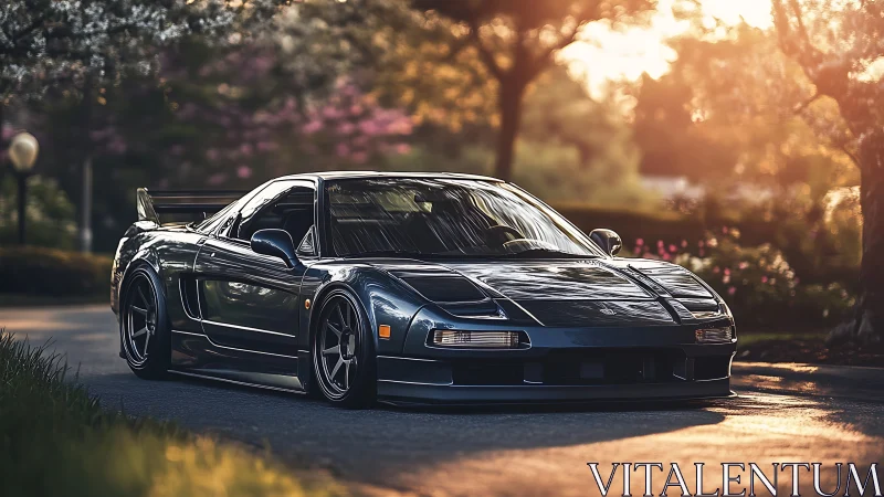 Modified black sports coupe parked on a sunlit suburban road