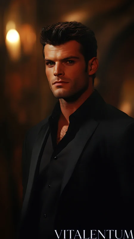 Moody portrait of suited man in dramatic low light.