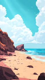 Sunlit cliffside cove beneath towering cotton-sky clouds.