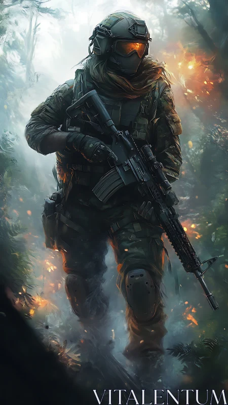 Armored soldier moving through burning forest terrain.