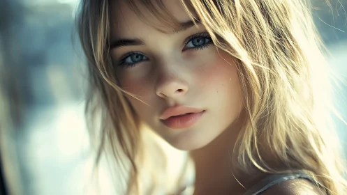 Soft-focus portrait of young woman in cool daylight tones.