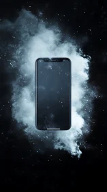 Sleek smartphone floats in cosmic mist with luminous aura