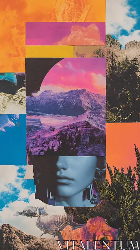 Surreal landscape collage merges mountain vistas and partial face