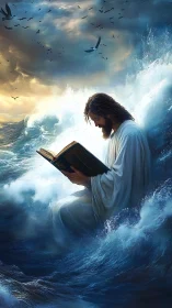 Digital painting of serene robed figure reading amid stormy sea.