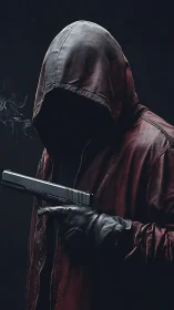 Hooded gunman in shadowed maroon leather with smoke trail.