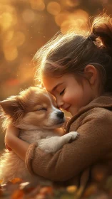 Child's tender embrace with golden retriever bathed in warm golden light.