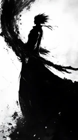 Ink-splatter silhouette of lone figure in dynamic black cloak