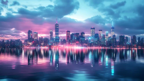 Urban skyline is mirrored in calm water with neon-toned lighting