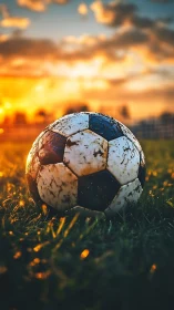 Mud-streaked soccer ball on field at golden sunset.