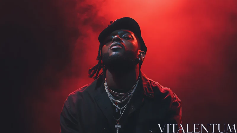 Singer in red stage lighting looks upward into dramatic haze