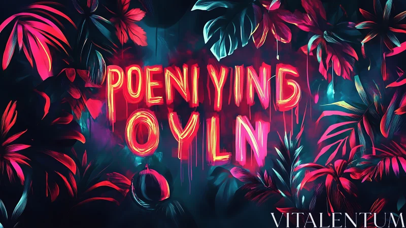 Neon jungle letters dripping over lush electric foliage.