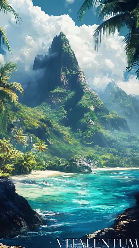 Tropical Island Landscape with Towering Rock Formation and Turquoise Waters