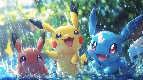High-saturation anime trio rendered with dynamic rain and splash lighting
