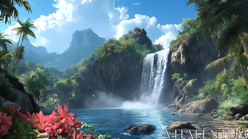 Waterfall cascade in tropical canyon landscape with limestone formations and vegetation