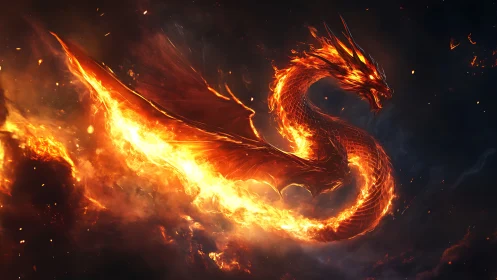 Fiery serpentine dragon soaring through dark blazing sky.