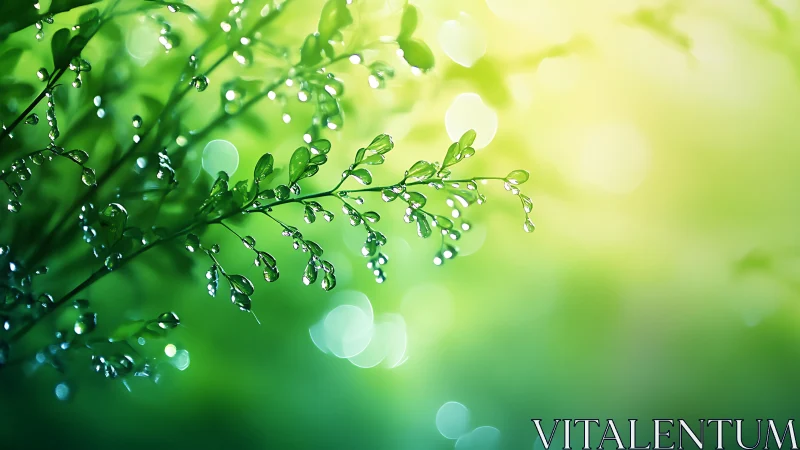 Morning dew jewels on whispering green branches glow softly.