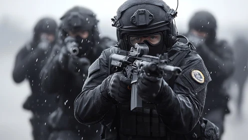 Special forces assault line advancing through heavy rainstorm.