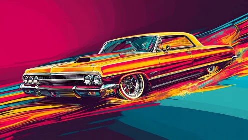 Chrome comet lowrider streaking through neon sunset lanes.