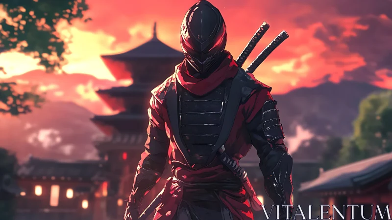 Armored cyber-ninja strides before temple at incendiary sunset