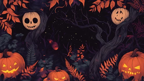 Halloween pumpkins and ghostly trees in dark forest night