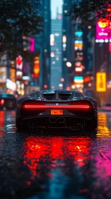 Hypercar rear view in neon-lit rain-soaked city street.