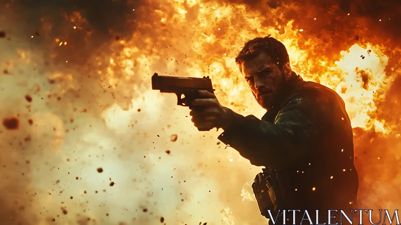 Armed soldier advances through raging explosion with fierce resolve