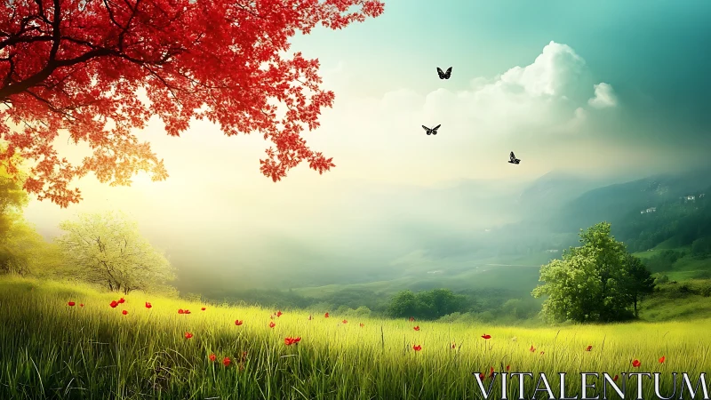 Red foliage over misty valley meadow under soft light.