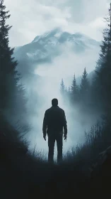 Silhouette of solitary figure before mist-covered mountains.