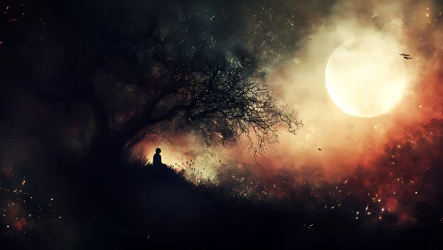 Lunar backlit silhouette beneath dendritic nocturnal canopy.