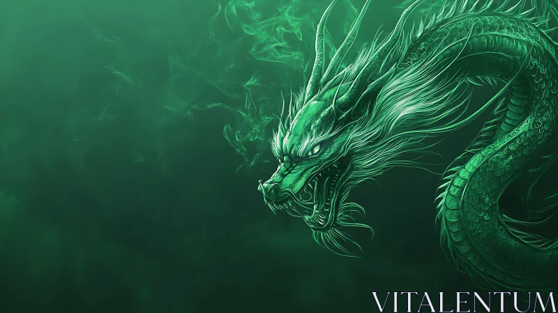 Emerald spirit dragon coils through dark ethereal mist.