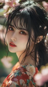 Spring petals pause as her cherry-blossom gaze turns back