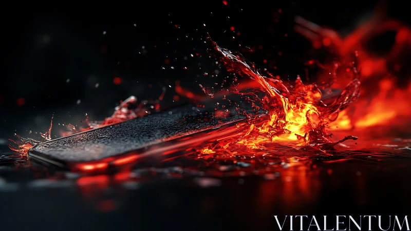 Smartphone with dynamic fiery particle effects on dark surface