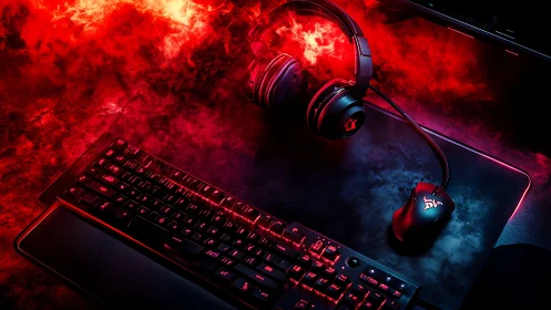 RGB gaming keyboard, mouse and headset on dark desk.