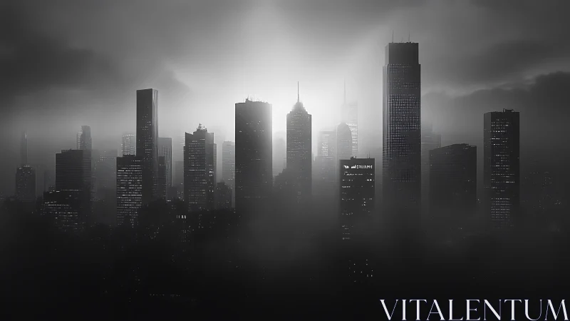 Dense high-rise skyline is partially obscured by low fog